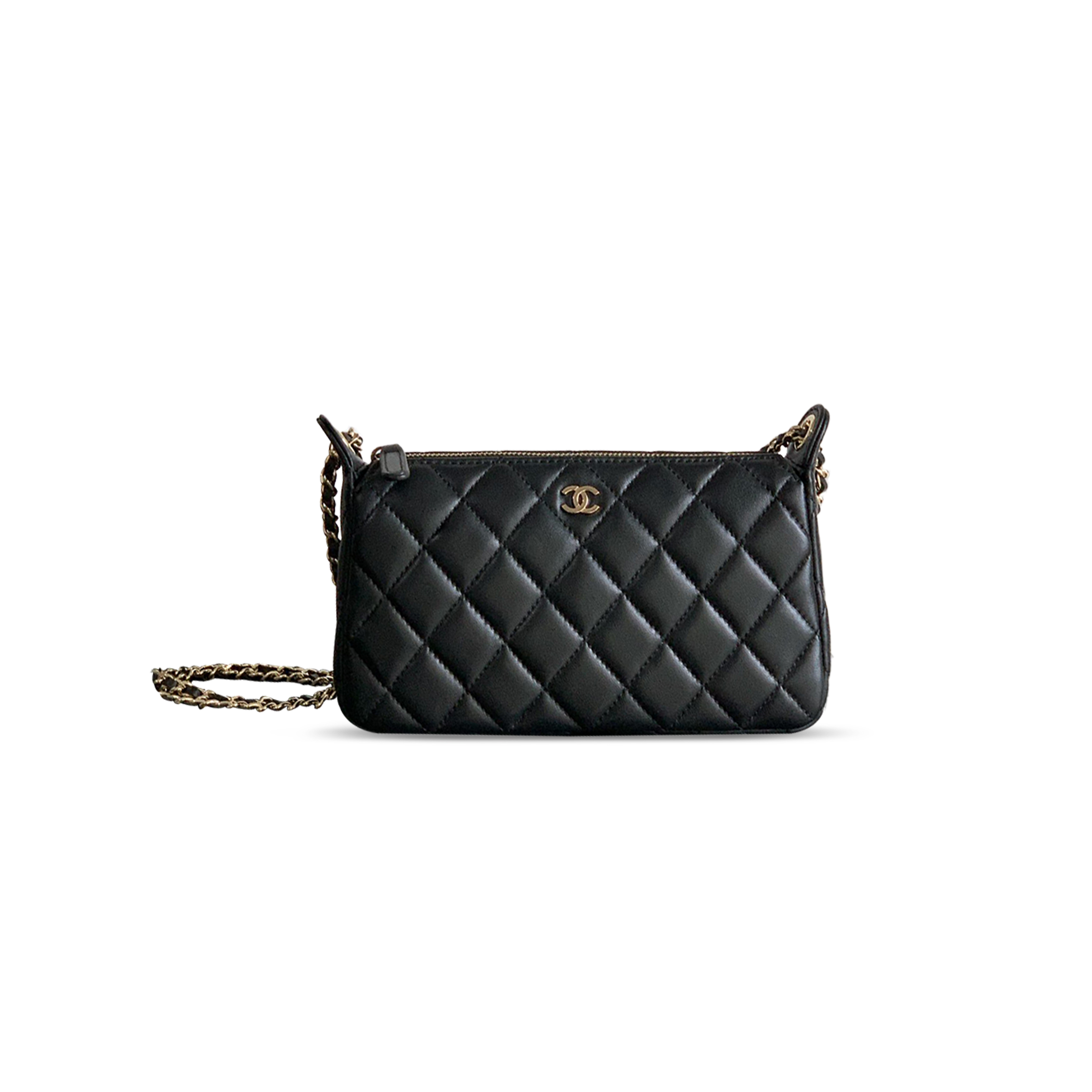 Ch*el grained calfskin 25b clutch with chain bag in black 253911 (21*12*5.5.cm)